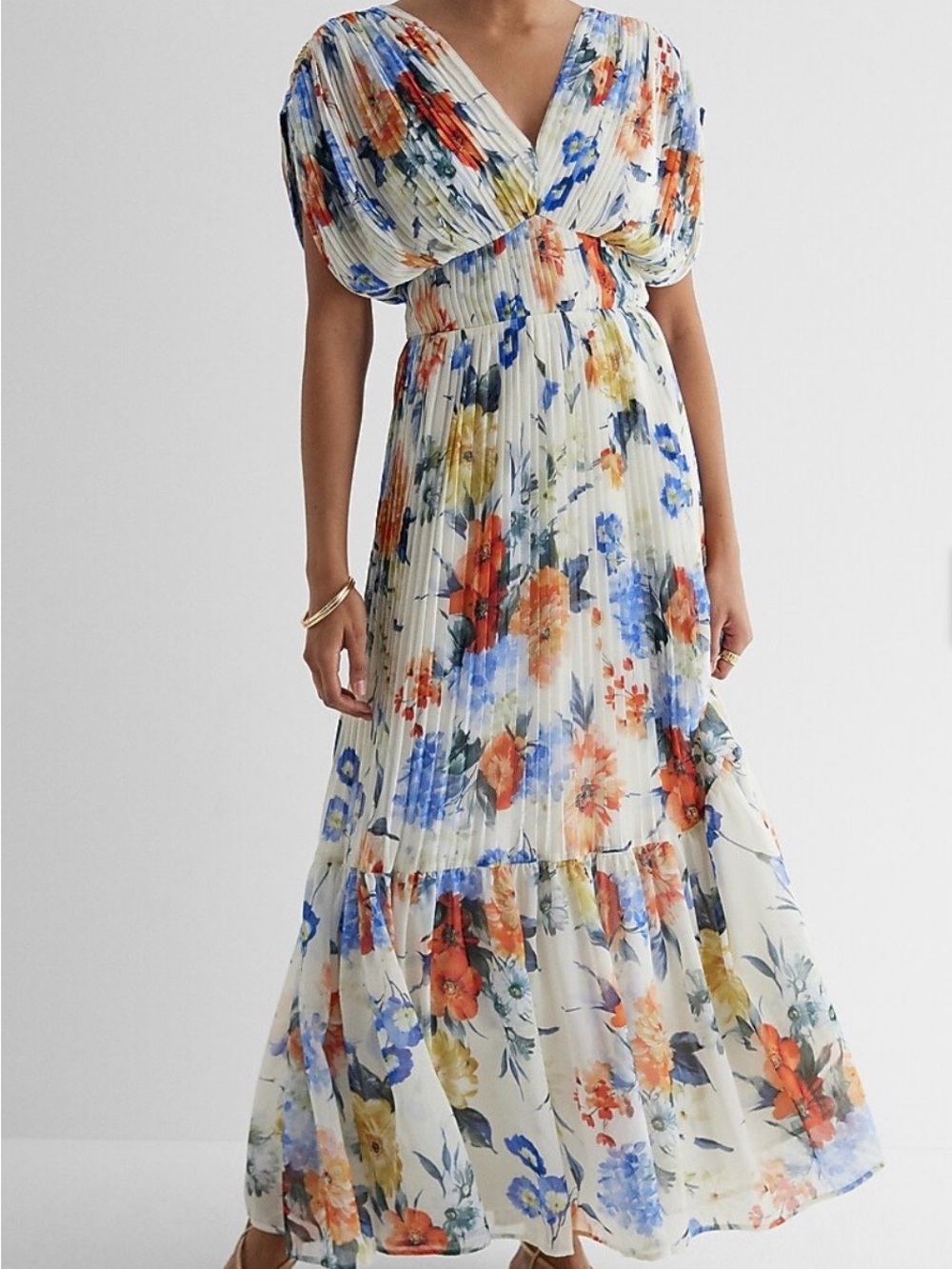 Express Girls Floral Pleated Dress - White with Blue, Coral & Yellow